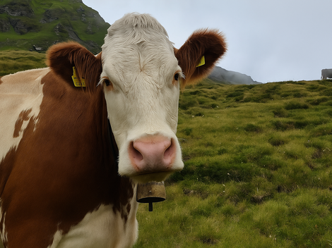 Eine Kuh steht auf einer grünen Wiese. Im Hintergrund sind weitere Kühe und sanfte Hügel zu sehen.