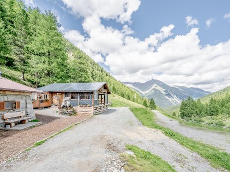 Eine malerische Berglandschaft mit grünen Wäldern und beeindruckenden Gipfeln. Im Vordergrund stehen zwei gemütliche Hütten.