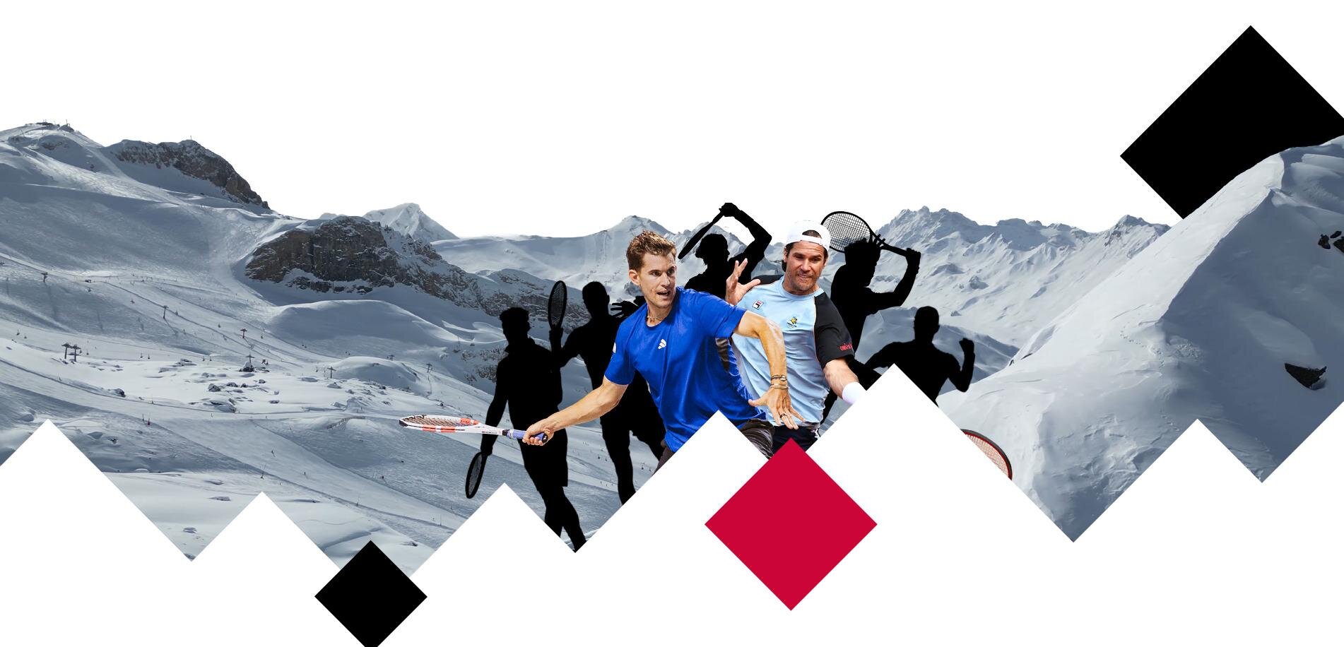 Eine Gruppe von sechs Tennisspielern posiert vor einer schneebedeckten Berglandschaft. Sie zeigen verschiedene Spielszenen und haben Freude an der Aktivität.