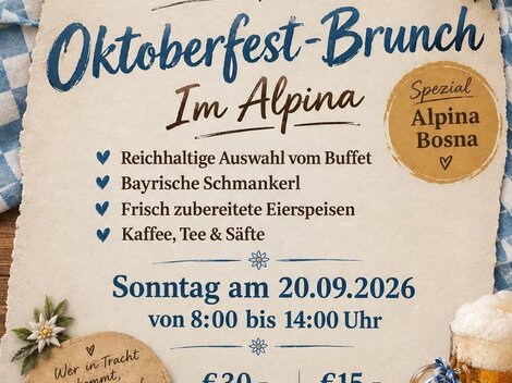 Ein einladendes Plakat für einen Oktoberfest-Brunch im Hotel Alpina. Es zeigt ein reichhaltiges Buffet, bayrische Spezialitäten und die Details zur Veranstaltung am 20. September 2026.