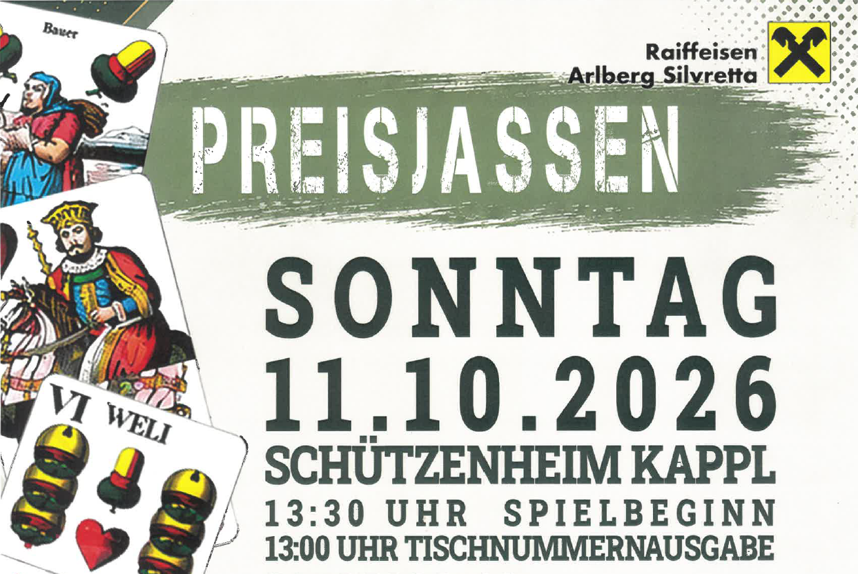 A poster for a prize jass event taking place on October 11, 2026, at the Schützenheim in Kappl. The event starts at 1:30 p.m. with the distribution of table numbers.