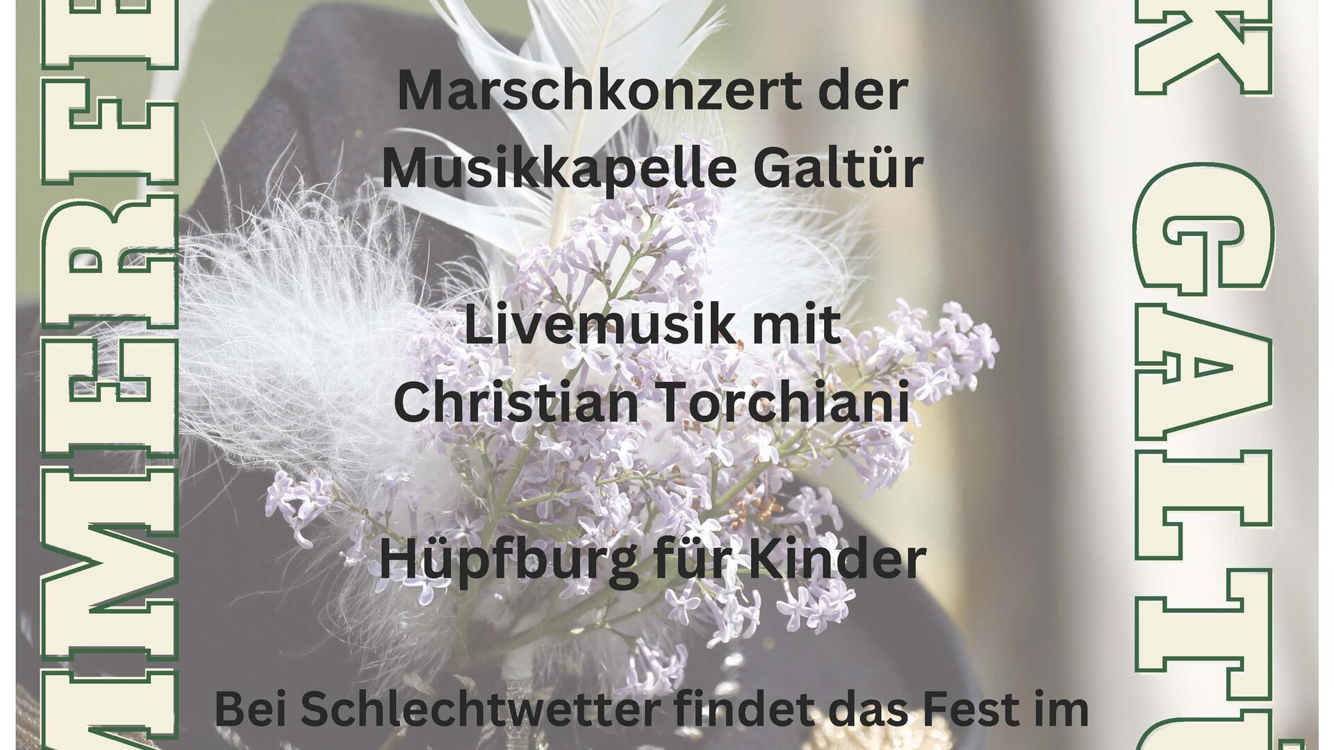 Ein Plakat für das Sommerfest in Galtür am 15. August. Es enthält Informationen über den Festzug, ein Marschkonzert und Livemusik.