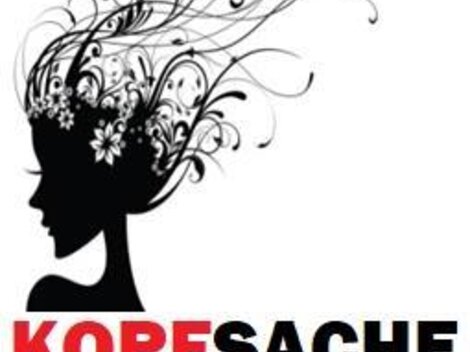Ein stilvolles Friseursalon-Logo zeigt das Profil einer Frau mit kunstvollem Haar. Der Text betont die Dienstleistungen für Damen, Herren und Kinder.