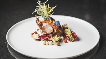 Ein kunstvoll angerichteter Teller mit gebratenem Geflügel, umgeben von frischen Kräutern und buntem Gemüse. Die Präsentation ist elegant und ansprechend.
