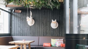 Ein gemütliches Café mit Holzmöbeln und einer begrünten Decke. Die Wände sind dunkel, und es gibt bunte Kissen auf den Bänken.