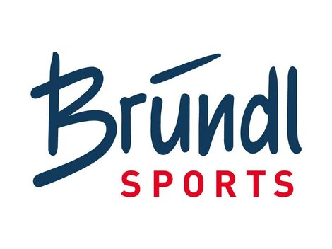 A logo of the brand Bründl Sports. It features the lettering in blue and red colors.