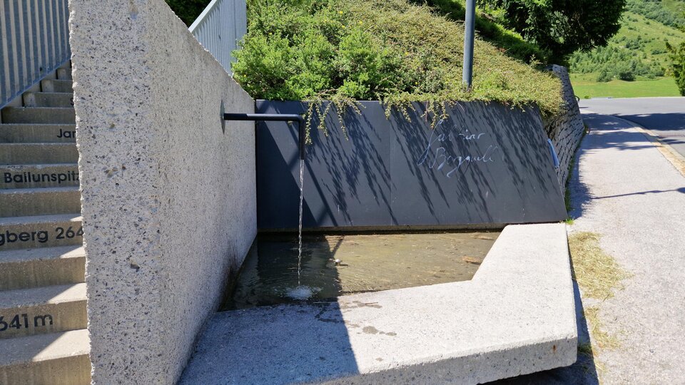 Eine moderne Wasserstelle aus Beton mit einer schlichten Gestaltung. Im Hintergrund sind grüne Hecken und Bäume zu sehen.