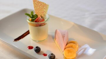 Ein eleganter Dessertteller mit einer Portion Panna Cotta, dekoriert mit frischen Früchten und Minze. Neben der Panna Cotta befinden sich Scheiben von Banane und Heidelbeeren.