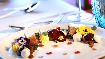 Ein kunstvoll angerichteter Dessertteller mit verschiedenen Schokoladenelementen, Creme und essbaren Blüten. Die Farben und Anordnungen sind ansprechend und verlockend.